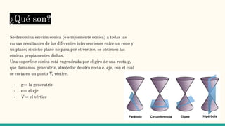 ¿Qué son?
Se denomina sección cónica (o simplemente cónica) a todas las
curvas resultantes de las diferentes intersecciones entre un cono y
un plano; si dicho plano no pasa por el vértice, se obtienen las
cónicas propiamentes dichas.
Una superﬁcie cónica está engendrada por el giro de una recta g,
que llamamos generatriz, alrededor de otra recta e. eje, con el cual
se corta en un punto V, vértice.
- g= la generatriz
- e= el eje
- V= el vértice
 