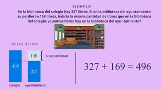E J E M P L O
R E S O L U C I Ó N
En la biblioteca del colegio hay 327 libros. Si en la biblioteca del ayuntamiento
se perdieran 169 libros, habría la misma cantidad de libros que en la biblioteca
del colegio. ¿Cuántos libros hay en la biblioteca del ayuntamiento?
327 + 169 = 496
ayuntamineto
colegio
si se perdieran
 