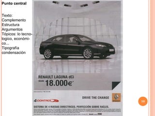 Punto central Texto: Complemento Estructura Argumentos  Tópicos: lo tecno- logico, económi- co... Tipografía condensación 