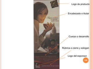 Encabezado o titular Rúbrica o cierre y eslogan Logo de producto Cuerpo o desarrollo Logo del esponsor 