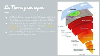 La Tierra y sus capas
● El Manto Inferior: vcerca de 56% del volumen total de la
Tierra. Ocupa una región que va desde 660km hasta 2900km.
● Se ha propuesto que la composición de la capa inferior es
pirolítico, y que contiene 3 fases principales de bridgmanita,
ferropericlasa y silicato de calcio perovskita.
● es más caliente y denso que el manto superior y la intensa
presión lo mantiene en estado sólido.
 