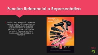 Función Referencial o Representativa


 La función referencial es en la
  que el emisor informa sobre un
   hecho objetivo, sin expresar
     sus sentimientos ni intentar
   provocar una reacción en el
    receptor. Generalmente su
   función es informar sobre la
              realidad.




                                         índice
 