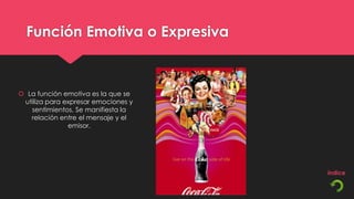 Función Emotiva o Expresiva



 La función emotiva es la que se
 utiliza para expresar emociones y
   sentimientos. Se manifiesta la
   relación entre el mensaje y el
               emisor.
 