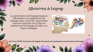 Las alteraciones del lenguaje implican
dificultades en la adquisición del
lenguaje tanto a nivel de comprensión
como de expresión oral. Existe un
desfase entre el lenguaje del niño y su
edad cronológica.
Susi García (2022). Alteraciones del lenguaje. Recuperado de: mindicsalud.com/alteraciones-del-lenguaje
Alteraciones de Lenguaje
 