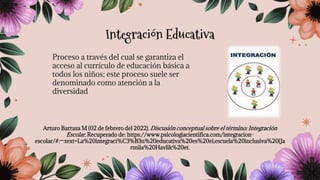 Proceso a través del cual se garantiza el
acceso al currículo de educación básica a
todos los niños; este proceso suele ser
denominado como atención a la
diversidad
Arturo Barraza M (02 de febrero del 2022). Discusión conceptual sobre el término: Integración
Escolar. Recuperado de: https://www.psicologiacientifica.com/integracion-
escolar/#:~:text=La%20integraci%C3%B3n%20educativa%20es%20el,escuela%20inclusiva%20(Ja
rmila%20Havlik%20et.
Integración Educativa
 