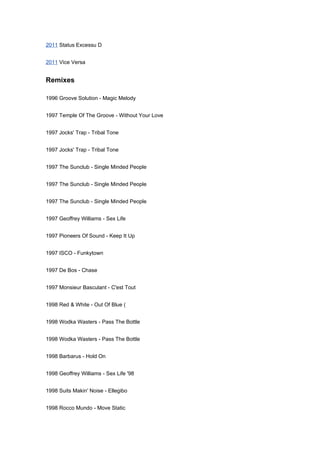 2011 Status Excessu D


2011 Vice Versa


Remixes

1996 Groove Solution - Magic Melody


1997 Temple Of The Groove - Without Your Love


1997 Jocks' Trap - Tribal Tone


1997 Jocks' Trap - Tribal Tone


1997 The Sunclub - Single Minded People


1997 The Sunclub - Single Minded People


1997 The Sunclub - Single Minded People


1997 Geoffrey Williams - Sex Life


1997 Pioneers Of Sound - Keep It Up


1997 ISCO - Funkytown


1997 De Bos - Chase


1997 Monsieur Basculant - C'est Tout


1998 Red & White - Out Of Blue (


1998 Wodka Wasters - Pass The Bottle


1998 Wodka Wasters - Pass The Bottle


1998 Barbarus - Hold On


1998 Geoffrey Williams - Sex Life '98


1998 Suits Makin' Noise - Ellegibo


1998 Rocco Mundo - Move Static
 