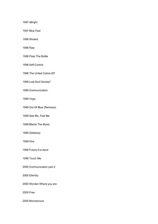 1997 Allright


1997 Blue Fear


1998 Wicked


1998 Raw


1998 Pass The Bottle


1998 Self Control


1998 The United Colors EP


1999 Lost Soul Society"


1999 Communication


1999 Virgo


1999 Out Of Blue (Remixes)


1999 See Me, Feel Me


1999 Blame The Music


1999 Gettaway


1999 One


1999 Future Fun-land


1999 Touch Me


2000 Communication part.2


2000 Eternity


2000 Wonder Where you are


2000 Free


2000 Monotonous
 