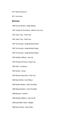 2011 Status Excessu D


2011 Vice Versa


Remixes

1996 Groove Solution - Magic Melody


1997 Temple Of The Groove - Without Your Love


1997 Jocks' Trap - Tribal Tone


1997 Jocks' Trap - Tribal Tone


1997 The Sunclub - Single Minded People


1997 The Sunclub - Single Minded People


1997 The Sunclub - Single Minded People


1997 Geoffrey Williams - Sex Life


1997 Pioneers Of Sound - Keep It Up


1997 ISCO - Funkytown


1997 De Bos - Chase


1997 Monsieur Basculant - C'est Tout


1998 Red & White - Out Of Blue (


1998 Wodka Wasters - Pass The Bottle


1998 Wodka Wasters - Pass The Bottle


1998 Barbarus - Hold On


1998 Geoffrey Williams - Sex Life '98


1998 Suits Makin' Noise - Ellegibo


1998 Rocco Mundo - Move Static
 