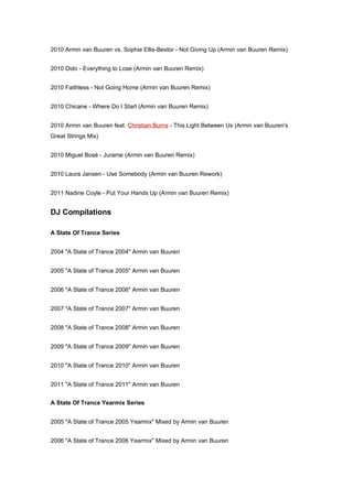 2010 Armin van Buuren vs. Sophie Ellis-Bextor - Not Giving Up (Armin van Buuren Remix)


2010 Dido - Everything to Lose (Armin van Buuren Remix)


2010 Faithless - Not Going Home (Armin van Buuren Remix)


2010 Chicane - Where Do I Start (Armin van Buuren Remix)


2010 Armin van Buuren feat. Christian Burns - This Light Between Us (Armin van Buuren's
Great Strings Mix)


2010 Miguel Bosé - Jurame (Armin van Buuren Remix)


2010 Laura Jansen - Use Somebody (Armin van Buuren Rework)


2011 Nadine Coyle - Put Your Hands Up (Armin van Buuren Remix)


DJ Compilations

A State Of Trance Series


2004 "A State of Trance 2004" Armin van Buuren


2005 "A State of Trance 2005" Armin van Buuren


2006 "A State of Trance 2006" Armin van Buuren


2007 "A State of Trance 2007" Armin van Buuren


2008 "A State of Trance 2008" Armin van Buuren


2009 "A State of Trance 2009" Armin van Buuren


2010 "A State of Trance 2010" Armin van Buuren


2011 "A State of Trance 2011" Armin van Buuren


A State Of Trance Yearmix Series


2005 "A State of Trance 2005 Yearmix" Mixed by Armin van Buuren


2006 "A State of Trance 2006 Yearmix" Mixed by Armin van Buuren
 