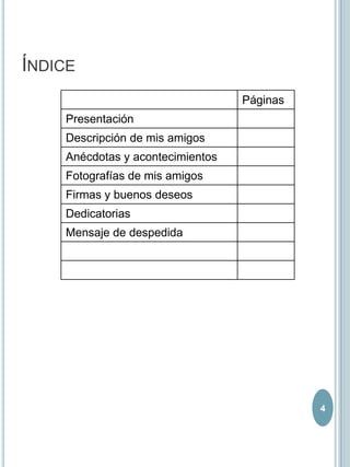 ÍNDICE
                                  Páginas
    Presentación
    Descripción de mis amigos
    Anécdotas y acontecimientos
    Fotografías de mis amigos
    Firmas y buenos deseos
    Dedicatorias
    Mensaje de despedida




                                            4
 