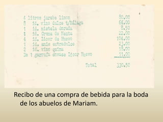 Recibo de una compra de bebida para la boda
de los abuelos de Mariam.
 