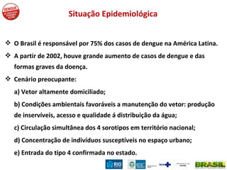 Situação Epidemiológica O Brasil é responsável por 75% dos casos de dengue na América Latina. A partir de 2002, houve grande aumento de casos de dengue e das formas graves da doença. Cenário preocupante:  a) Vetor altamente domiciliado; b) Condições ambientais favoráveis a manutenção do vetor: produção de inservíveis, acesso e qualidade á distribuição da água;  c) Circulação simultânea dos 4 sorotipos em território nacional; d) Concentração de indivíduos susceptíveis no espaço urbano; e) Entrada do tipo 4 confirmada no estado. 