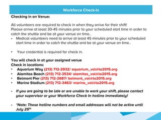 HONORED GUESTSWorkforce Check-in
Checking in on Venue:
All volunteers are required to check in when they arrive for their shift!
Please arrive at least 30-45 minutes prior to your scheduled start time in order to
catch the shuttle and be at your venue on time..
•  Medical volunteers need to arrive at least 45 minutes prior to your scheduled
start time in order to catch the shuttle and be at your venue on time..
•  Your credential is required for check in.
You will check in at your assigned venue
Check in locations:
•  Aquarium Way (213) 712-2932/ aquarium_vol@la2015.org
•  Alamitos Beach (213) 712-3534/ alamitos_vol@la2015.org
•  Belmont Pier (213) 712-2687/ belmont_vol@la2015.org
•  Marine Stadium (213) 712-3463/ marine_vol@la2015.org
•  If you are going to be late or are unable to work your shift, please contact
your supervisor or your Workforce Check In hotline immediately!
•  *Note: These hotline numbers and email addresses will not be active until
July 25th
 