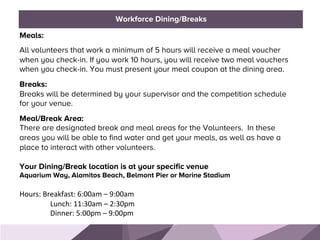 HONORED GUESTSBRAND STANDARDSWorkforce Dining/Breaks
Meals:
All volunteers that work a minimum of 5 hours will receive a meal voucher
when you check-in. If you work 10 hours, you will receive two meal vouchers
when you check-in. You must present your meal coupon at the dining area.
Breaks:
Breaks will be determined by your supervisor and the competition schedule
for your venue.
Meal/Break Area:
There are designated break and meal areas for the Volunteers. In these
areas you will be able to find water and get your meals, as well as have a
place to interact with other volunteers.
Your Dining/Break location is at your specific venue
Aquarium Way, Alamitos Beach, Belmont Pier or Marine Stadium
	
  
Hours:	
  Breakfast:	
  6:00am	
  –	
  9:00am	
  
	
  	
  	
  	
  	
  	
  	
  	
  	
  	
  	
  	
  	
  	
  	
  	
  	
  Lunch:	
  11:30am	
  –	
  2:30pm	
  
	
  	
  	
  	
  	
  	
  	
  	
  	
  	
  	
  	
  	
  	
  	
  	
  	
  Dinner:	
  5:00pm	
  –	
  9:00pm	
  
 