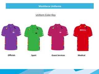 HONORED GUESTS
	
  
Workforce Uniforms
Uniform Color Key
Oﬃcials	
  	
   Sport	
   Guest	
  Services	
  	
   Medical	
  	
  
	
  	
  	
  
	
  
	
  
	
  
	
  
	
  
	
  
	
  
	
  
	
  
	
  
	
  
	
  
	
  
	
  
	
  
	
  
	
  
	
  
	
  
	
  
	
  
 