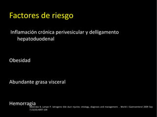 20/01/14
Factores de riesgo
Inflamación crónica perivesicular y delligamento
hepatoduodenal
Obesidad
Abundante grasa visceral
HemorragiaJablonska B, Lampe P. Iatrogenic bile duct injuries: etiology, diagnosis and management. . World J Gastroenterol 2009 Sep
7;15(33):4097-104
 
