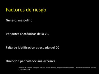 20/01/14
Factores de riesgo
Genero masculino
Variantes anatómicas de la VB
Falta de idetificacion adecuada del CC
Disección pericoledociana excesiva
Jablonska B, Lampe P. Iatrogenic bile duct injuries: etiology, diagnosis and management. . World J Gastroenterol 2009 Sep
7;15(33):4097-104
 