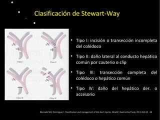  Pulse para editar los formatos del
texto del esquema
 Segundo nivel del esquema
− Tercer nivel del esquema
 Cuarto nivel del
esquema
− Quinto nivel
del esquema
− Sexto nivel
del esquema
− Séptimo
nivel del
esquema
− Octavo nivel
del esquema
Noveno nivel del esquemaHaga clic para
modificar el estilo de texto del
patrón
20/01/14
Clasificación de Stewart-Way
• Tipo I: incisión o transección incompleta
del colédoco
• Tipo II: daño lateral al conducto hepático
común por cauterio o clip
• Tipo III: transección completa del
colédoco o hepático común
• Tipo IV: daño del hepático der. o
accesorio
Mercado MA, Domínguez I. Classification and management of bile duct injuries. Woeld J Gastrointest Surg. 2011;3(4):43 - 48
 