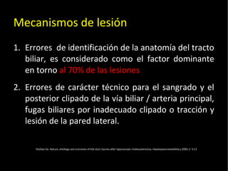 20/01/14
Mecanismos de lesión
1. Errores de identificación de la anatomía del tracto
biliar, es considerado como el factor dominante
en torno al 70% de las lesiones
2. Errores de carácter técnico para el sangrado y el
posterior clipado de la vía biliar / arteria principal,
fugas biliares por inadecuado clipado o tracción y
lesión de la pared lateral.
Shallaly Ge. Nature, etiollogy and outcomes of bile duct injuries after laparoscopic cholecystectomy. Hepatopancreatobilliary 2000; 2: 3-12
 