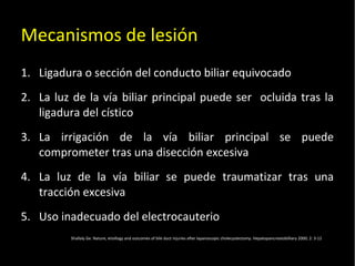 20/01/14
Mecanismos de lesión
1. Ligadura o sección del conducto biliar equivocado
2. La luz de la vía biliar principal puede ser ocluida tras la
ligadura del cístico
3. La irrigación de la vía biliar principal se puede
comprometer tras una disección excesiva
4. La luz de la vía biliar se puede traumatizar tras una
tracción excesiva
5. Uso inadecuado del electrocauterio
Shallaly Ge. Nature, etiollogy and outcomes of bile duct injuries after laparoscopic cholecystectomy. Hepatopancreatobilliary 2000; 2: 3-12
 
