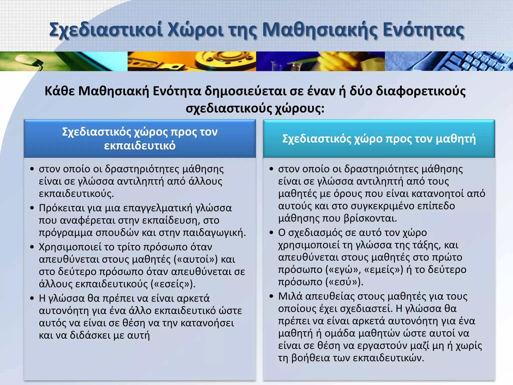 Σχεδιαστικοί Χώροι της Μαθησιακής Ενότητας

  Κάθε Μαθησιακή Ενότητα δημοσιεύεται σε έναν ή δύο διαφορετικούς
                      σχεδιαστικούς χώρους:
      Σχεδιαστικός χώρος προς τον
                                               Σχεδιαστικός χώρο προς τον μαθητή
             εκπαιδευτικό
• στον οποίο οι δραστηριότητες μάθησης       • στον οποίο οι δραστηριότητες μάθησης
  είναι σε γλώσσα αντιληπτή από άλλους         είναι σε γλώσσα αντιληπτή από τους
  εκπαιδευτικούς.                              μαθητές με όρους που είναι κατανοητοί από
• Πρόκειται για μια επαγγελματική γλώσσα       αυτούς και στο συγκεκριμένο επίπεδο
  που αναφέρεται στην εκπαίδευση, στο          μάθησης που βρίσκονται.
  πρόγραμμα σπουδών και στην παιδαγωγική.    • Ο σχεδιασμός σε αυτό τον χώρο
• Χρησιμοποιεί το τρίτο πρόσωπο όταν           χρησιμοποιεί τη γλώσσα της τάξης, και
  απευθύνεται στους μαθητές («αυτοί») και      απευθύνεται στους μαθητές στο πρώτο
  στο δεύτερο πρόσωπο όταν απευθύνεται σε      πρόσωπο («εγώ», «εμείς») ή το δεύτερο
  άλλους εκπαιδευτικούς («εσείς»).             πρόσωπο («εσύ»).
• Η γλώσσα θα πρέπει να είναι αρκετά         • Μιλά απευθείας στους μαθητές για τους
  αυτονόητη για ένα άλλο εκπαιδευτικό ώστε     οποίους έχει σχεδιαστεί. Η γλώσσα θα
  αυτός να είναι σε θέση να την κατανοήσει     πρέπει να είναι αρκετά αυτονόητη για ένα
  και να διδάσκει με αυτή                      μαθητή ή ομάδα μαθητών ώστε αυτοί να
                                               είναι σε θέση να εργαστούν μαζί μη ή χωρίς
                                               τη βοήθεια των εκπαιδευτικών.
 