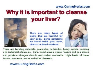 Why it is important to cleanseWhy it is important to cleanse
your liver?your liver?
There are building materials, pesticides, herbicides, heavy metals, cleaning
and industrial chemicals. Cars, wood stoves, space heaters and gas stoves
can produce nitrogen dioxide and carbon monoxide. High levels of these
toxins can cause cancer and other diseases.
www.CuringHerbs.com
www.CuringHerbs.com
There are many types of
toxins that are harmful for
your body. Some pollutants
are found inside your home,
others are found outdoors.
 