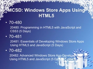 MCSD: Windows Store Apps Using
            HTML5
• 70-480
  20480: Programming in HTML5 with JavaScript and
  CSS3 (5 Days)
• 70-481
  20481: Essentials of Developing Windows Store Apps
  Using HTML5 and JavaScript (5 Days)
• 70-482
 20482: Advanced Windows Store App Development
 Using HTML5 and JavaScript (5 Days)
 