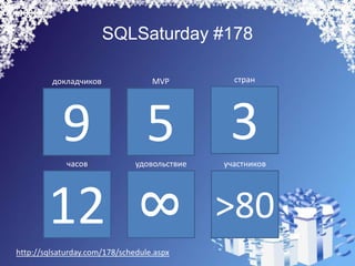 SQLSaturday #178

         докладчиков               MVP          стран




        9 5 3часов             удовольствие   участников




        12  >80
                             8
http://sqlsaturday.com/178/schedule.aspx
 