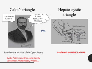 Calot’s triangle Hepato-cystic
triangle
Based on the location of the CysticArtery
CysticArtery is neither consistently
present or Anatomically Precise…
Preffered NOMENCLATURE
V/S
PLEASE
FORGET MY
TRIANGLE
I KNOWYOU
CAN’T !!!
 