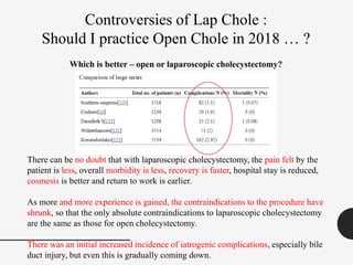 Controversies of Lap Chole :
Should I practice Open Chole in 2018 … ?
Which is better – open or laparoscopic cholecystectomy?
There can be no doubt that with laparoscopic cholecystectomy, the pain felt by the
patient is less, overall morbidity is less, recovery is faster, hospital stay is reduced,
cosmesis is better and return to work is earlier.
As more and more experience is gained, the contraindications to the procedure have
shrunk, so that the only absolute contraindications to laparoscopic cholecystectomy
are the same as those for open cholecystectomy.
There was an initial increased incidence of iatrogenic complications, especially bile
duct injury, but even this is gradually coming down.
 