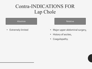 Contra-INDICATIONS FOR
Lap Chole
Absolute Relative
• Major upper abdominal surgery,
• History of ascites,
• Coagulopathy.
• Extremely limited
 