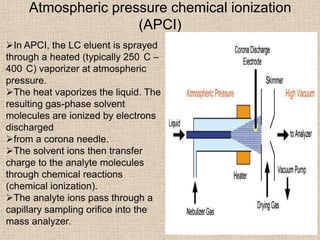 Atmospheric pressure chemical ionization
                     (APCI)
In APCI, the LC eluent is sprayed
through a heated (typically 250 C –
400 C) vaporizer at atmospheric
pressure.
The heat vaporizes the liquid. The
resulting gas-phase solvent
molecules are ionized by electrons
discharged
from a corona needle.
The solvent ions then transfer
charge to the analyte molecules
through chemical reactions
(chemical ionization).
The analyte ions pass through a
capillary sampling orifice into the
mass analyzer.
 
