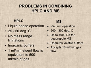 PROBLEMS IN COMBINING
               HPLC AND MS

        HPLC                      MS
•   Liquid phase operation    Vacuum operation
•   25 - 50 deg. C            200 - 300 deg. C
•   No mass range             Up to 4000 Da for
                              quadrupole MS
    limitations
                              Requires volatile buffers
•   Inorganic buffers         Accepts 10 ml/min gas
•   1 ml/min eluent flow is   flow
    equivalent to 500
    ml/min of gas
 