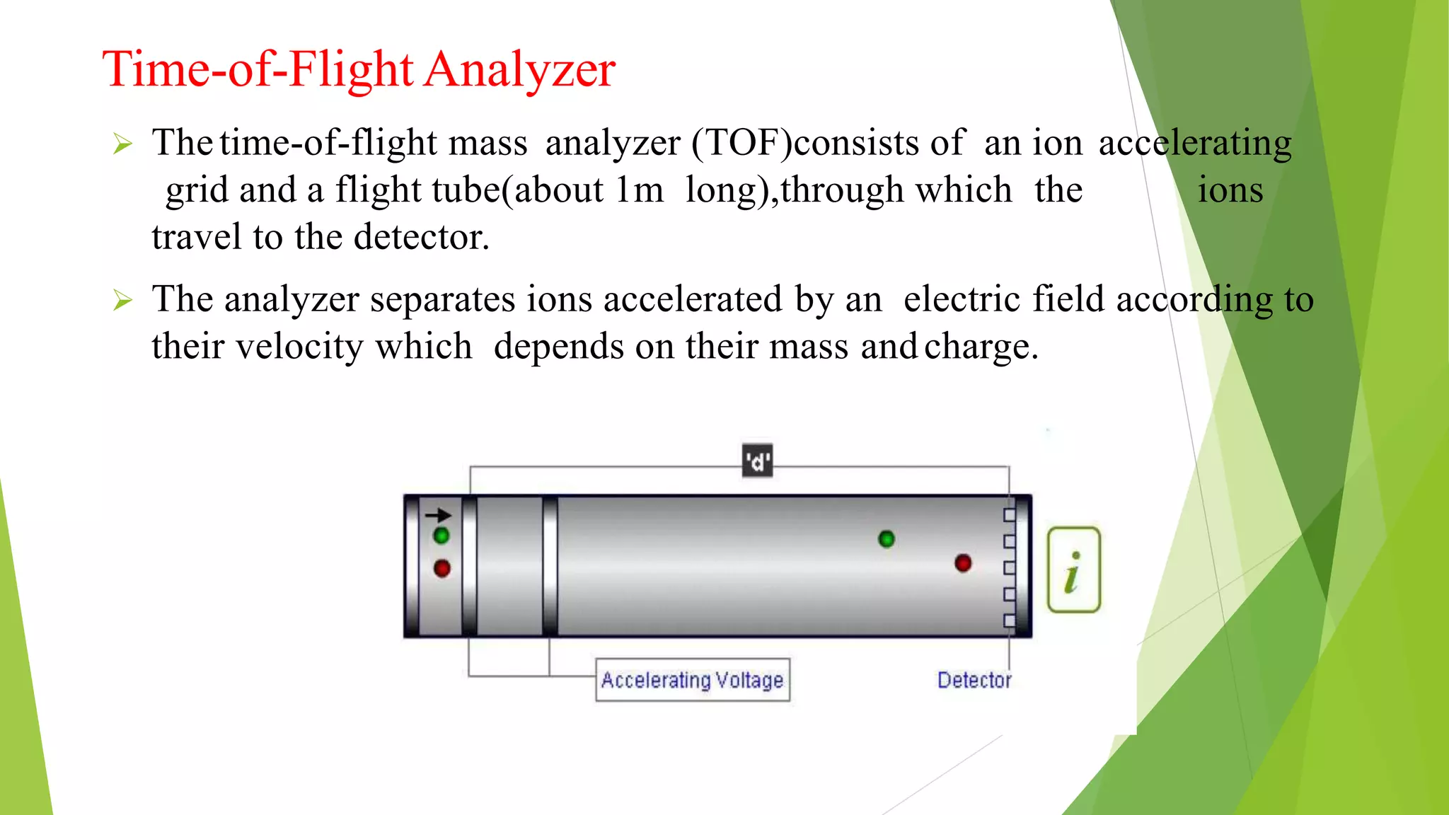 Time-of-Flight Analyzer
 Thetime-of-flight mass analyzer (TOF)consists of an ion accelerating
grid and a flight tube(about 1m long),through which the ions
travel to the detector.
 The analyzer separates ions accelerated by an electric field according to
their velocity which depends on their mass andcharge.
 