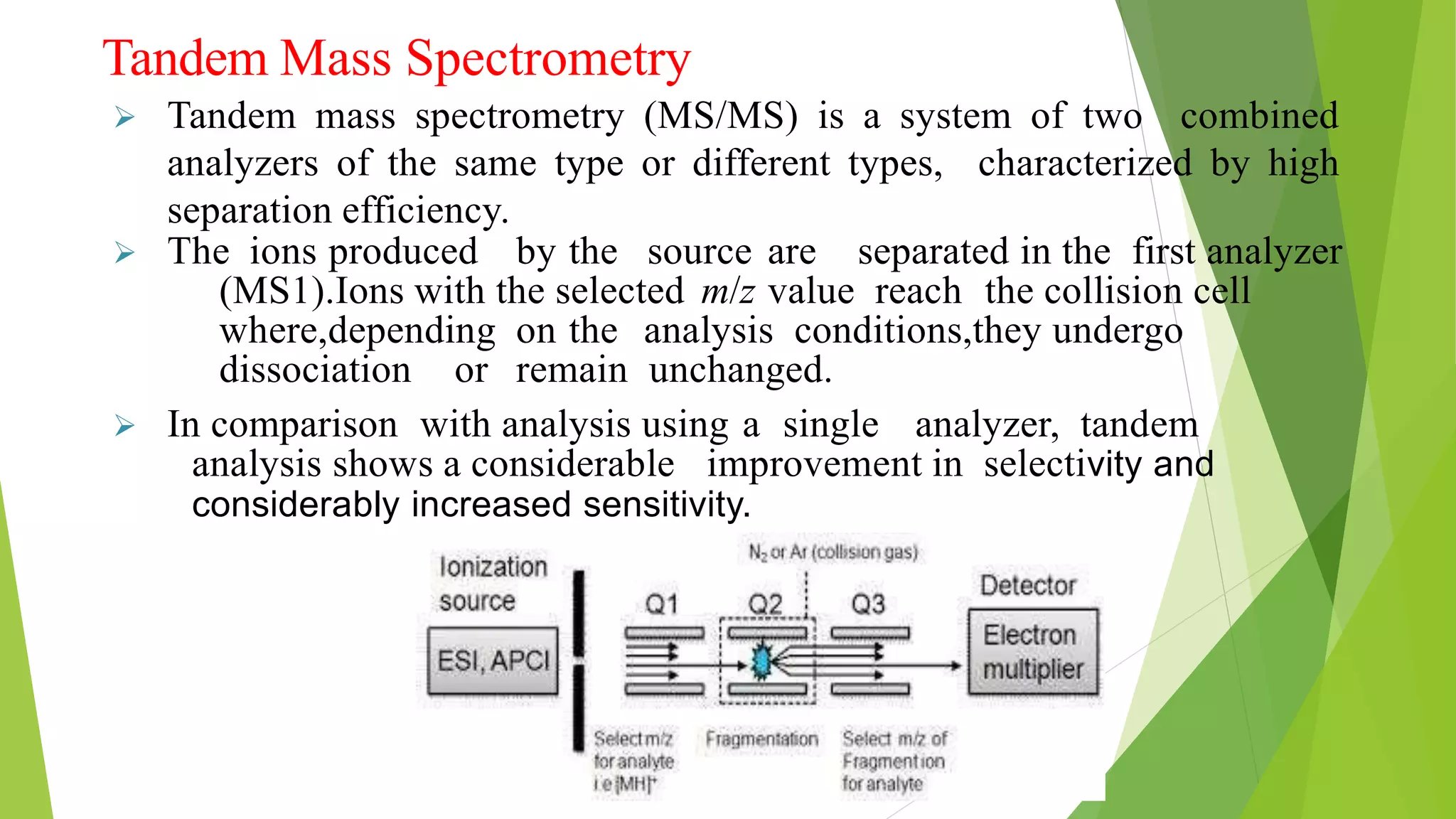 Tandem Mass Spectrometry
 Tandem mass spectrometry (MS/MS) is a system of two combined
analyzers of the same type or different types, characterized by high
separation efficiency.
 The ions produced by the source are separated in the first analyzer
(MS1).Ions with the selected m/z value reach the collision cell
where,depending on the analysis conditions,they undergo
dissociation or remain unchanged.
 In comparison with analysis using a single analyzer, tandem
analysis shows a considerable improvement in selectivity and
considerably increased sensitivity.
 