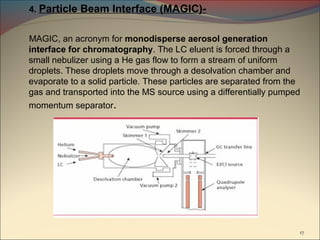 4. Particle Beam Interface (MAGIC)-


MAGIC, an acronym for monodisperse aerosol generation
interface for chromatography. The LC eluent is forced through a
small nebulizer using a He gas flow to form a stream of uniform
droplets. These droplets move through a desolvation chamber and
evaporate to a solid particle. These particles are separated from the
gas and transported into the MS source using a differentially pumped
momentum separator.




                                                                    17
 