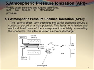 5.Atmospheric Pressure Ionization (API)-
Widely used, sensitive and rugged technique.
Ions are formed at atmospheric
pressure.

5.1 Atmospheric Pressure Chemical Ionization (APCI):
    The "corona effect" term describes the partial discharge around a
  conductor placed at a high potential. This leads to ionisation and
  electrical breakdown of the atmosphere immediately surrounding
  the conductor. This effect is known as corona discharge.




                                                                        18
 