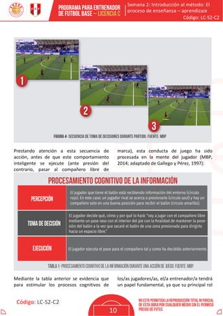 Semana 2: Introducción al método: El
proceso de enseñanza – aprendizaje
Código: LC-S2-C2
Código: LC-S2-C2
10
Prestando atención a esta secuencia de
acción, antes de que este comportamiento
inteligente se ejecute (ante presión del
contrario, pasar al compañero libre de
marca), esta conducta de juego ha sido
procesada en la mente del jugador (MBP,
2014; adaptado de Gallego y Pérez, 1997):
Mediante la tabla anterior se evidencia que
para estimular los procesos cognitivos de
los/as jugadores/as, el/a entrenador/a tendrá
un papel fundamental, ya que su principal rol
 