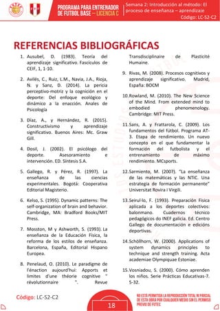 Semana 2: Introducción al método: El
proceso de enseñanza – aprendizaje
Código: LC-S2-C2
Código: LC-S2-C2
18
REFERENCIAS BIBLIOGRÁFICAS
1. Ausubel, D. (1983). Teoría del
aprendizaje significativo. Fascículos de
CEIF, 1, 1-10.
2. Avilés, C., Ruiz, L.M., Navia, J.A., Rioja,
N. y Sanz, D. (2014). La pericia
perceptivo-motriz y la cognición en el
deporte: Del enfoque ecológico y
dinámico a la enacción. Anales de
Psicología
3. Díaz, A., y Hernández, R. (2015).
Constructivismo y aprendizaje
significativo. Buenos Aires: Mc. Graw
Gill.
4. Dosil, J. (2002). El psicólogo del
deporte. Asesoramiento e
intervención. ED. Síntesis S.A.
5. Gallego, R. y Pérez, R. (1997). La
enseñanza de las ciencias
experimentales. Bogotá: Cooperativa
Editorial Magisterio.
6. Kelso, S. (1995). Dynamic patterns: The
self-organization of brain and behavior.
Cambridge, MA: Bradford Books/MIT
Press.
7. Mosston, M y Ashworth, S. (1993). La
enseñanza de la Educación Física, la
reforma de los estilos de enseñanza.
Barcelona, España, Editorial Hispano
Europea.
8. Penelaud, O. (2010). Le paradigme de
l'énaction aujourd'hui: Apports et
limites d'une théorie cognitive "
révolutionnaire ". Revue
Transdisciplinaire de Plasticité
Humaine.
9. Rivas, M. (2008). Procesos cognitivos y
aprendizaje significativo. Madrid,
España: BOCM
10.Rowland, M. (2010). The New Science
of the Mind. From extended mind to
embodied phenomenology.
Cambridge: MIT Press.
11.Sans, A. y Frattarola, C. (2009). Los
fundamentos del fútbol. Programa AT-
3. Etapa de rendimiento. Un nuevo
concepto en el que fundamentar la
formación del futbolista y el
entrenamiento de máximo
rendimiento. MCsports.
12.Sarmiento, M. (2007). “La enseñanza
de las matemáticas y las NTIC. Una
estrategia de formación permanente”
Universitat Rovira i Virgili.
13.Seirul·lo, F. (1993). Preparación Fisica
aplicada a los deportes colectivos:
balonmano. Cuadernos técnico
pedagógicos do INEF galicia. Ed. Centro
Gallego de documentación e edicións
deportivas.
14.Schöllhorn, W. (2000). Applications of
system dynamics principles to
technique and strength training. Acta
academiae Olympiquae Estoniae.
15.Vosniadou, S. (2000). Cómo aprenden
los niños. Serie Prácticas Educativas-7.
5-32.
 