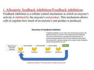 i. Allosteric feedback inhibition/Feedback inhibition:
Feedback inhibition is a cellular control mechanism in which an enzyme’s
activity is inhibited by the enzyme’s end product. This mechanism allows
cells to regulate how much of an enzyme’s end product is produced.
 