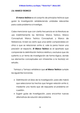 El Método Científico y sus Etapas, ***Ramón Ruiz***, México 2007.
50
2.6. MARCO TEORICO
El marco teórico es el conjunto de principios teóricos que
guían la investigación estableciendo unidades relevantes
para cada problema a investigar,
Cabe mencionar que con cierta frecuencia en la literatura se
usa indistintamente los términos: Marco Teórico, Marco
Conceptual, Marco Teórico Conceptual, y Marco de
Referencia. Si bien es cierto que unos están comprendidos en
otros o que se relacionan entre sí, vale la pena hacer una
precisión al respecto. El Marco Teórico es el apartado que
comprende la delimitación teórica relativa y exclusiva que da
sustento a un tema de investigación de forma lógica, donde
sus elementos conceptuales son inherentes a la teoría(s) en
estudio.
Tamayo y Tamayo establece que el Marco Teórico cumple
las siguientes funciones.
• Delimitación el área de la investigación; para ello habrá
que seleccionar los hechos que tengan relación entre sí,
mediante una teoría que dé respuesta al problema en
cuestión.
• Sugerir guías de investigación, para encontrar nuevas
alternativas de solución del problema.
 