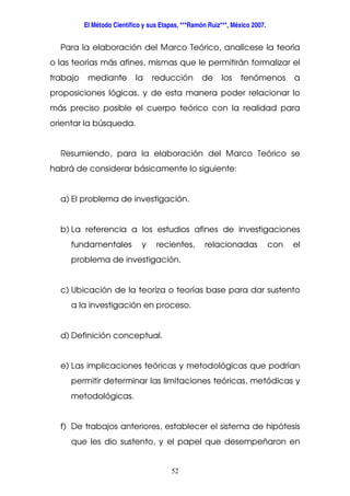 El Método Científico y sus Etapas, ***Ramón Ruiz***, México 2007.
52
Para la elaboración del Marco Teórico, analícese la teoría
o las teorías más afines, mismas que le permitirán formalizar el
trabajo mediante la reducción de los fenómenos a
proposiciones lógicas, y de esta manera poder relacionar lo
más preciso posible el cuerpo teórico con la realidad para
orientar la búsqueda.
Resumiendo, para la elaboración del Marco Teórico se
habrá de considerar básicamente lo siguiente:
a) El problema de investigación.
b) La referencia a los estudios afines de investigaciones
fundamentales y recientes, relacionadas con el
problema de investigación.
c) Ubicación de la teoriza o teorías base para dar sustento
a la investigación en proceso.
d) Definición conceptual.
e) Las implicaciones teóricas y metodológicas que podrían
permitir determinar las limitaciones teóricas, metódicas y
metodológicas.
f) De trabajos anteriores, establecer el sistema de hipótesis
que les dio sustento, y el papel que desempeñaron en
 