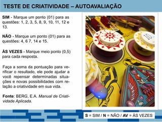 TESTE DE CRIATIVIDADE – AUTOAVALIAÇÃO
SIM - Marque um ponto (01) para as
questões: 1, 2, 3, 5, 8, 9, 10, 11, 12 e
13.
NÃO - Marque um ponto (01) para as
questões: 4, 6 7, 14 e 15.
ÀS VEZES - Marque meio ponto (0,5)
para cada resposta.
S = SIM / N = NÃO / AV = ÀS VEZES
Faça a soma da pontuação para ve-
rificar o resultado, ele pode ajudar a
você repensar determinadas situa-
ções e novas possibilidades com re-
lação a criatividade em sua vida.
Fonte: BERG, E.A. Manual de Criati-
vidade Aplicada.
 