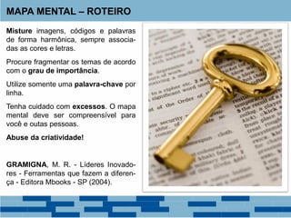 MAPA MENTAL – ROTEIRO
Misture imagens, códigos e palavras
de forma harmônica, sempre associa-
das as cores e letras.
Procure fragmentar os temas de acordo
com o grau de importância.
Utilize somente uma palavra-chave por
linha.
Tenha cuidado com excessos. O mapa
mental deve ser compreensível para
você e outas pessoas.
Abuse da criatividade!
GRAMIGNA, M. R. - Líderes Inovado-
res - Ferramentas que fazem a diferen-
ça - Editora Mbooks - SP (2004).
 