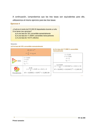 101 de 269
Primer semestre
A continuación, comprobemos que las tres tasas son equivalentes para ello,
utilizaremos el mismo ejercicio para las tres tasas:
 
