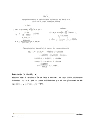 113 de 269
Primer semestre
Conclusión del ejercicio 1 y 2
Observa que al cambiar la fecha focal el resultado es muy similar, existe una
diferencia de $5.15, por las cifras significativas que se van perdiendo en las
operaciones y que representa 1.12%.
 