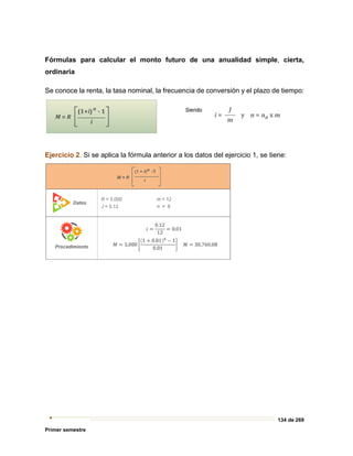 134 de 269
Primer semestre
Fórmulas para calcular el monto futuro de una anualidad simple, cierta,
ordinaria
Se conoce la renta, la tasa nominal, la frecuencia de conversión y el plazo de tiempo:
Ejercicio 2. Si se aplica la fórmula anterior a los datos del ejercicio 1, se tiene:
 