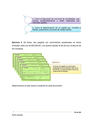 136 de 269
Primer semestre
Ejercicio 4. Se tienen seis pagarés con vencimientos escalonados en forma
trimestral, cada uno de $25,000.00, y se quieren liquidar el día de hoy; la tasa es de
6% trimestral.
Determinemos el valor actual o presente de cada documento:
a. Como el descuento de una serie de anualidades, que
vencen escalonadamente y están separadas por
intervalos iguales.
b. Como la determinación de un capital que, invertido a
interés, proporciona una serie de rentas futuras.
 