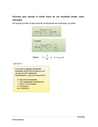 154 de 269
Primer semestre
Fórmulas para calcular el monto futuro de una anualidad simple, cierta,
anticipada
Se conoce la renta, la tasa nominal, la frecuencia de conversión y el plazo:
 