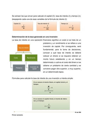 18 de 269
Primer semestre
Se extraen las que sirvan para calcular el capital (C), tasa de interés (I) y tiempo (n),
despejando cada una de esas variables de la fórmula de interés (I):
Determinación de la tasa generada en una inversión
La tasa de interés en una operación financiera significa un costo si se trata de un
préstamo y un rendimiento si se refiere a una
inversión de capital. Por consiguiente, será
fundamental, para la toma de decisiones,
conocer a qué tasa de interés se deberá
colocar un dinero si se requiere obtener un
monto futuro establecido y en un tiempo
determinado o cuál es el costo del dinero si se
obtiene un préstamo de cierta cantidad y se
conviene pagar otra superior, o muy superior,
en un determinado lapso.
Fórmulas para calcular la tasa de interés de una inversión a interés simple:
 